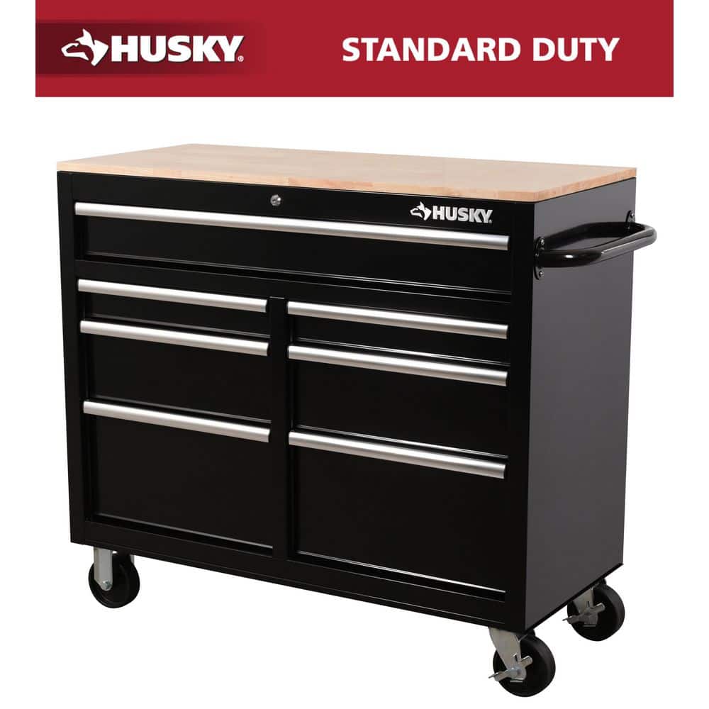 Standard Duty 41 in. 7-Drawer Gloss Black Mobile Workbench Cabinet with Solid Wood Top price history on PriceWatchPro