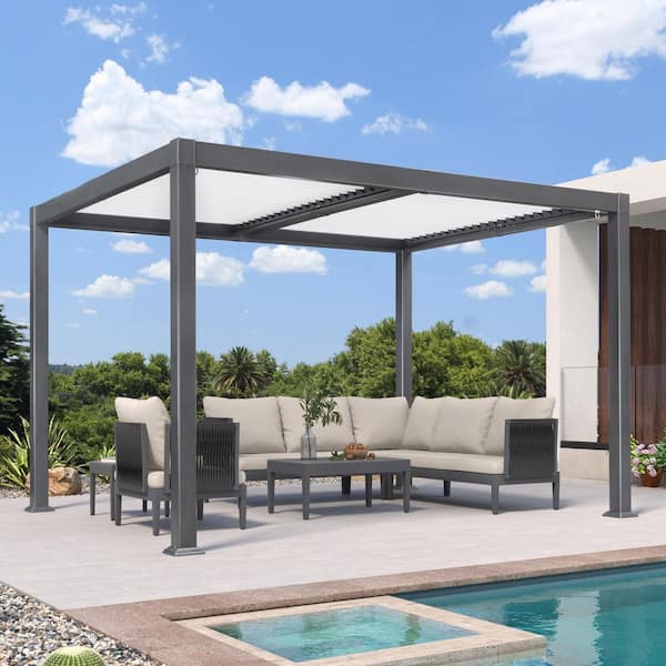 10.2 ft. x 12.3 ft. Gray Aluminum Outdoor Louvered Pergola with 2-White Individual Adjustable Roofs and In-Built Gutter