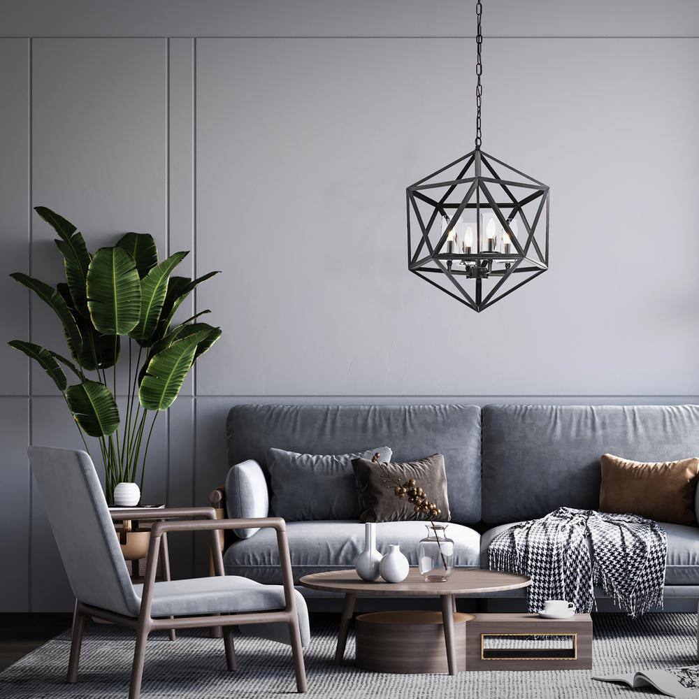 Antique Black Geometric Cage Chandelier with Glass Shades
