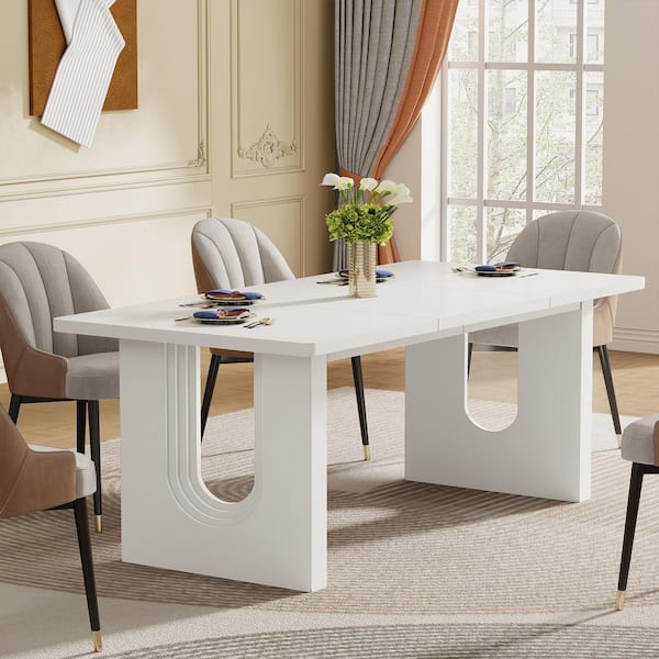 BYBLIGHT White Engineered Wood 70.9 in. Pedestal Dining Table Seating 6. Large Kitchen Table for Dining Room
