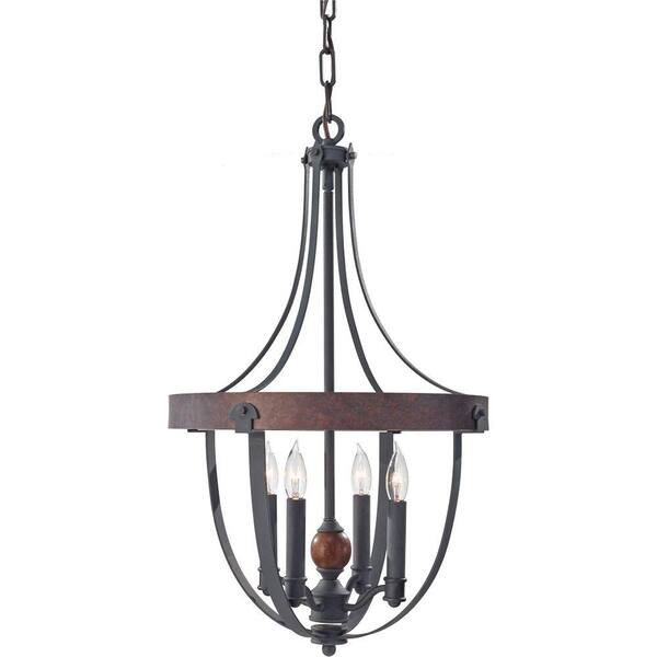Generation Lighting Alston 16 in. W 4-Light Weathered Charcoal Brick/Antique Forged Iron Chandelier with Faux Wood Detail
