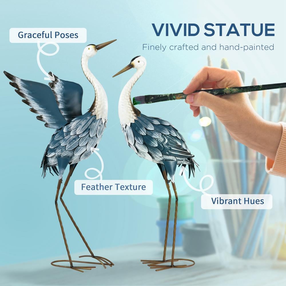Blue and White Metal Heron Garden Statues Set of 2