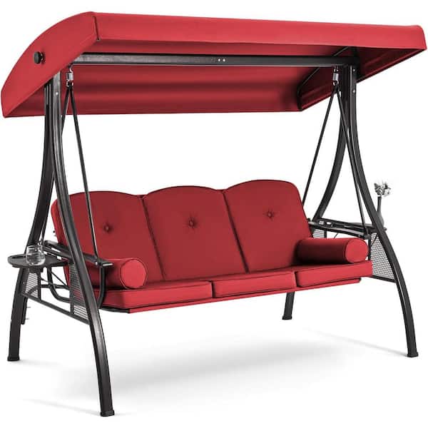 Unbranded Outdoor Porch Swing with Cup Holder, Adjustable Canopy, Patio Swing Bed with Weather Resistant Metal Frame, Red Cushions