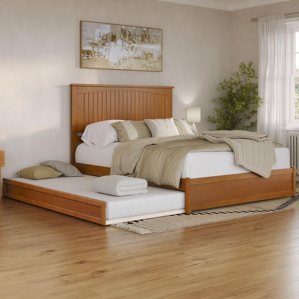 Malta Light Toffee Natural Bronze Solid Wood Frame Queen Platform Bed with Panel Footboard and Twin XL Trundle