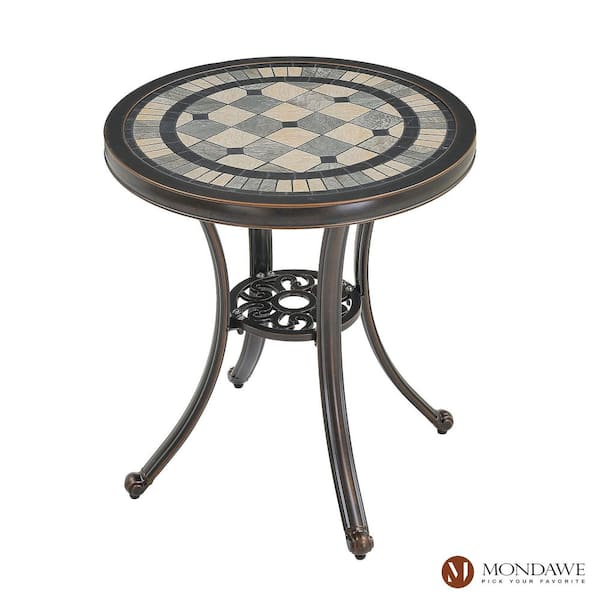 Mondawe Antique Bronze Round Cast Aluminum Standard Height Outdoor Bistro Table with Ceramic Tiles Tabletop