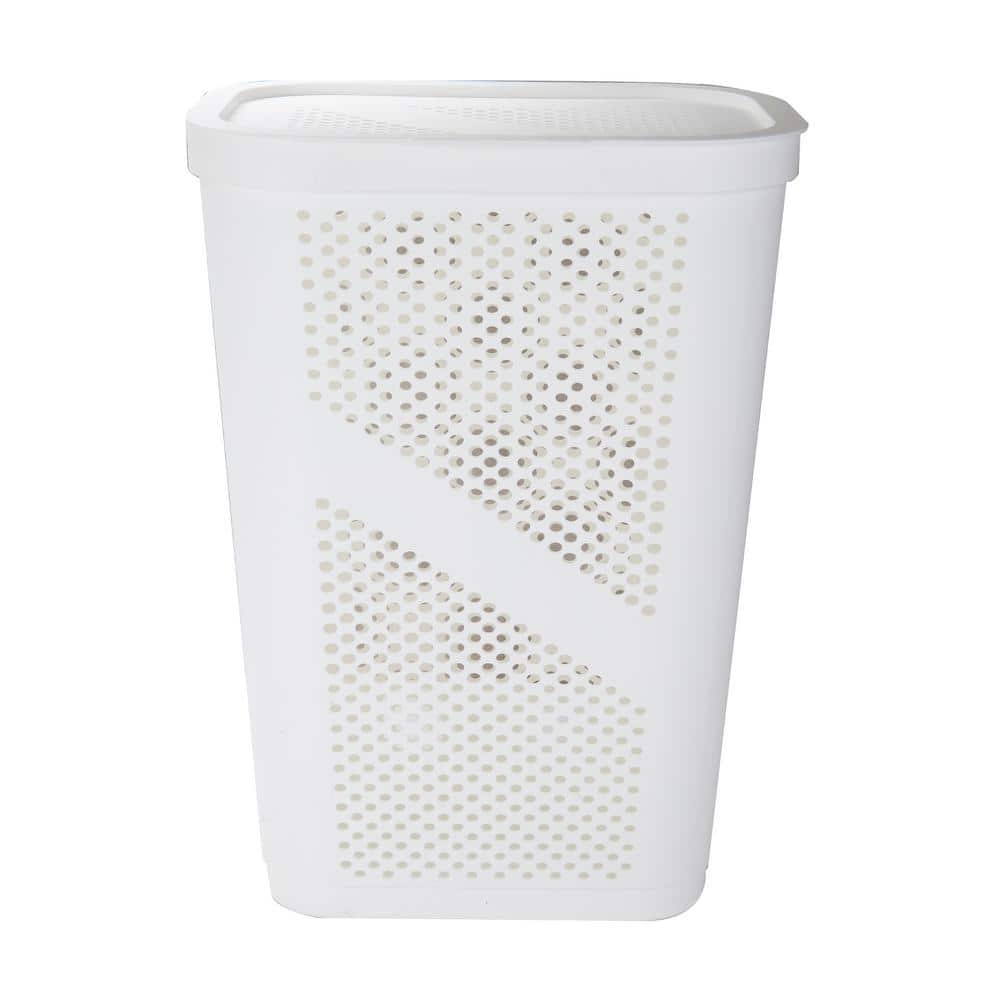 White Plastic Collapsible Upright Laundry Hamper with Lid