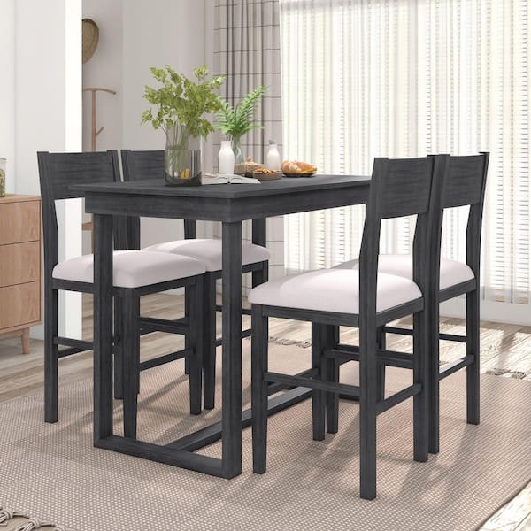 Rustic Style Gray Counter Height 5-Piece Wood Dining Table Set with 4-Beige Upholstered Chairs