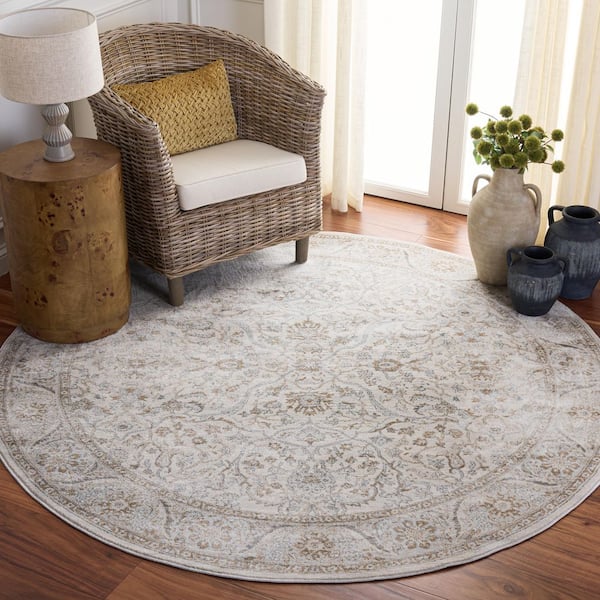 Isabella 4 ft. x 4 ft. Round Cream/Beige Floral Border Area Rug