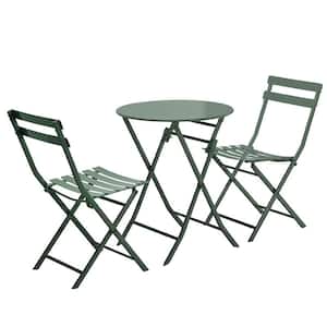 3-Piece Outdoor Patio Bistro Set of Foldable Round Table and Chairs in Dark Green