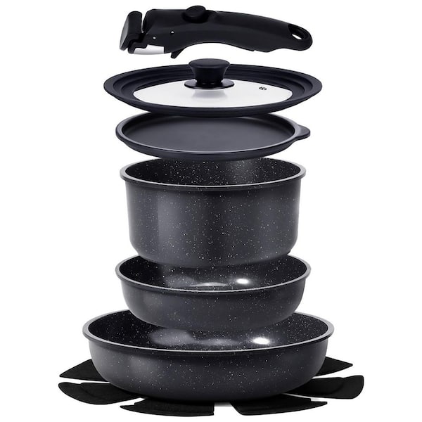 8 Piece Grey Ceramic Nonstick Cookware Set with Detachable Handle, Healthy Non Toxic Aluminum, Induction Safe
