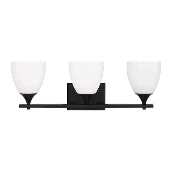SCOTT LIVING Toffino 26 in. W x 8.875 in. H 3-Light Midnight Black Bathroom Vanity Light with Milk Glass Shades