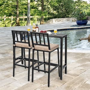 3-Piece Metal Outdoor Dining Table Set Metal Patio Bar Table and Chairs Set with Beige Cushions