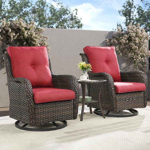 Opohoro ArcoBay 3-Piece Brown Wicker Swivel Outdoor Rocking Chairs Patio Conversation Set with Olefin Red Cushions