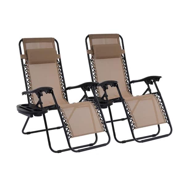 Tidoin Beige Metal Outdoor Chaise Lounge with Beige Pillow and Cup Base (Set of 2)