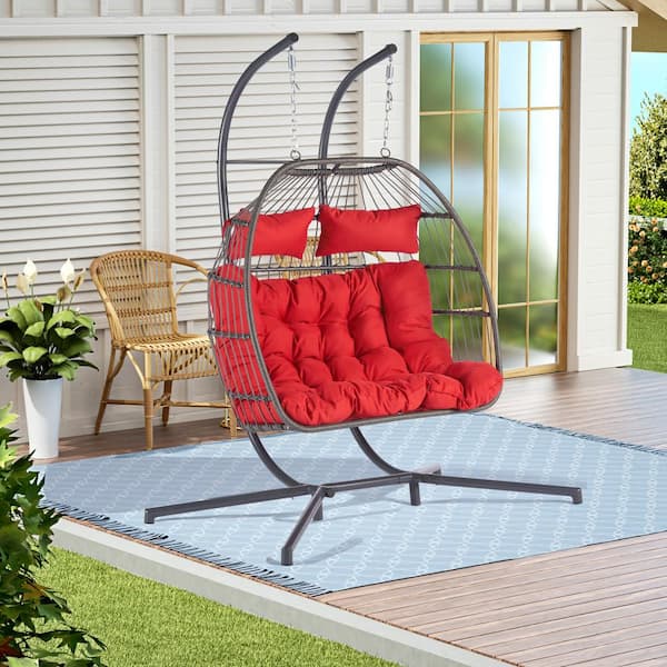 Boosicavelly 2 Person Wicker Rattan Patio Hanging Swing Egg Chair with Dark Red Cushion