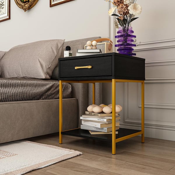 FUFU&GAGA 1-Drawer Black Wood Nightstand With Open Shelf and Metal Legs, Side Table Bedside Table 22.8"H x 17.7"W x 15.7"D