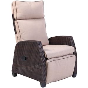 Grand Mocha Brown Wicker Patio Indoor and Outdoor Recliner with All-Weather, Beige Cushion and Integrated Side Table