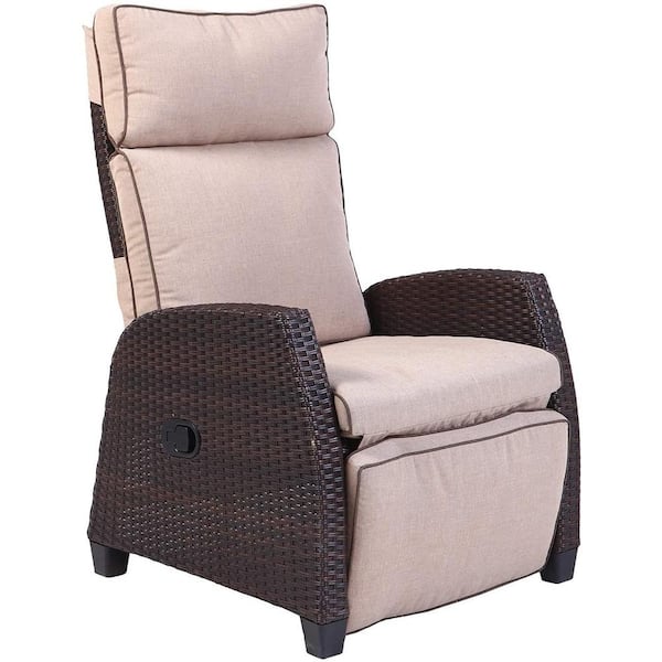 BANSA ROSE Grand Mocha Brown Wicker Patio Indoor and Outdoor Recliner with All-Weather, Beige Cushion and Integrated Side Table