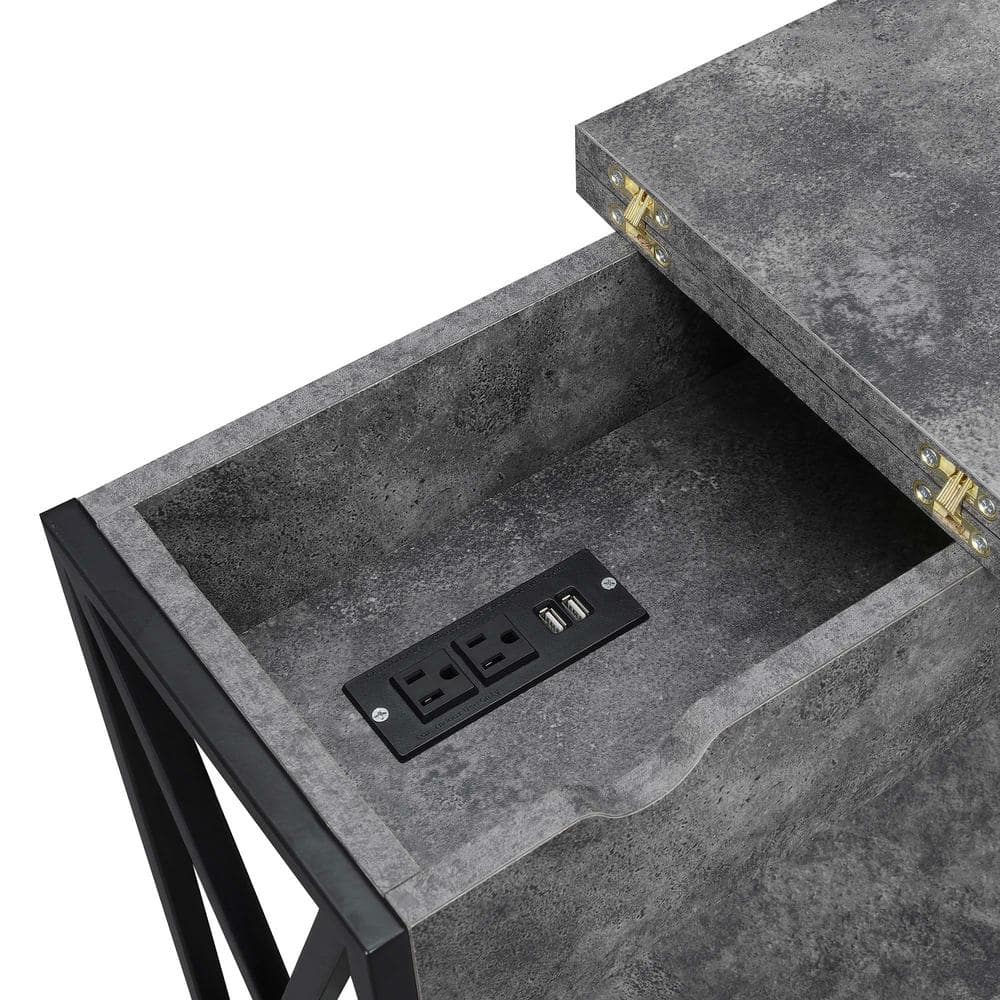 Tucson Square Cement & Black Wood Metal End Table with USB Ports