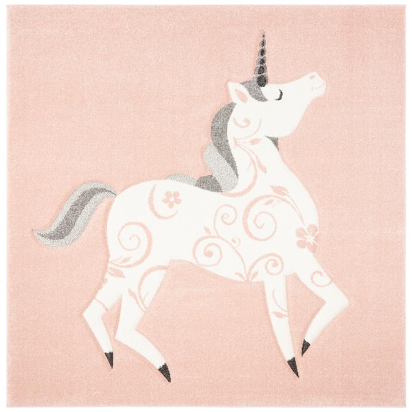 Carousel Kids Pink/Ivory 5 ft. x 5 ft. Square Solid Animal Print Area Rug