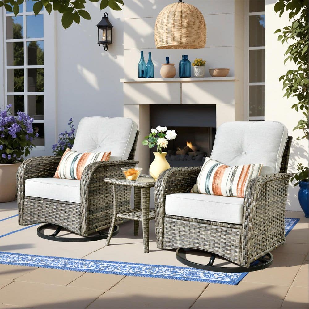 Gray 3-Piece Wicker Outdoor Rocking Chair with Light Gray Cushion and Side Table, Swivel Base for Patio, Porch, Garden price history on PriceWatchPro
