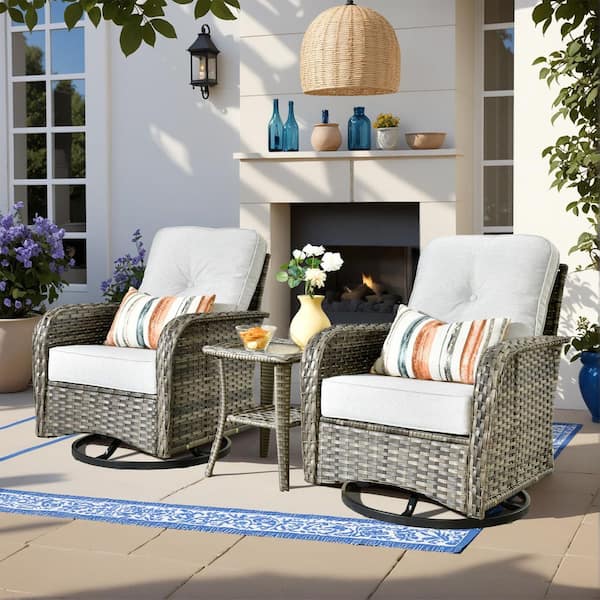 Caodoc Gray 3-Piece Wicker Outdoor Rocking Chair with Light Gray Cushion and Side Table, Swivel Base for Patio, Porch, Garden