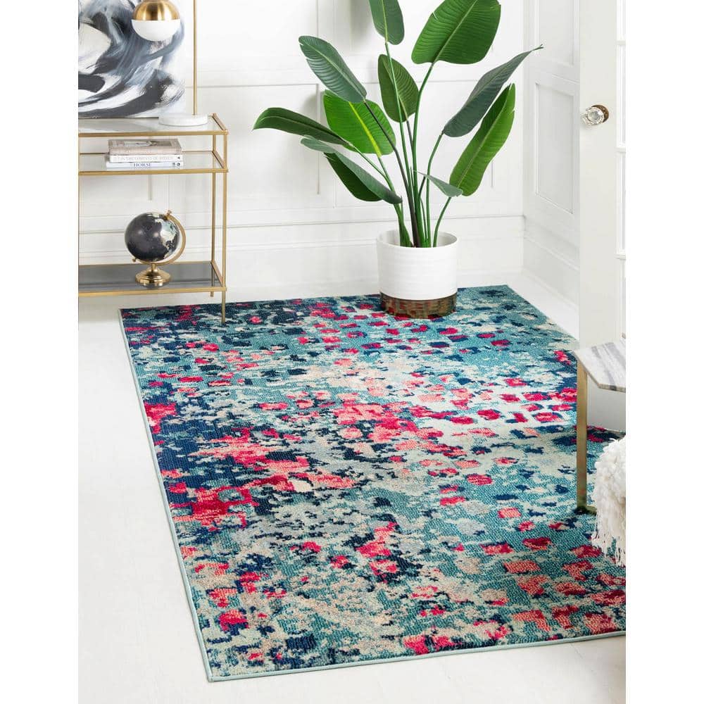 Jardin Collection Blue and Pink Abstract Modern Area Rug, 8 x 11 ft