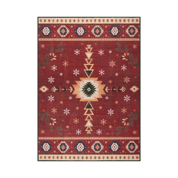 Washable Christmas Vintage Boho Tribal Snowflake Non Slip 8 ft. x 10 ft. Red Living Room Bedroom Indoor Area rug