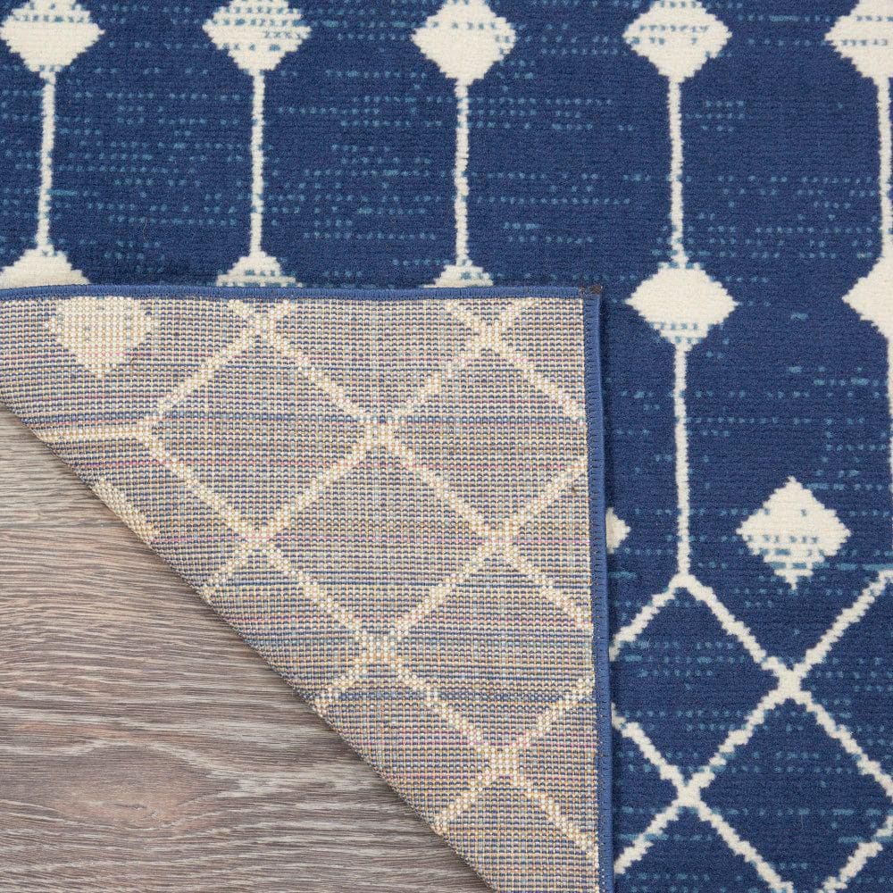 Navy and Ivory Geometric Synthetic Runner Rug