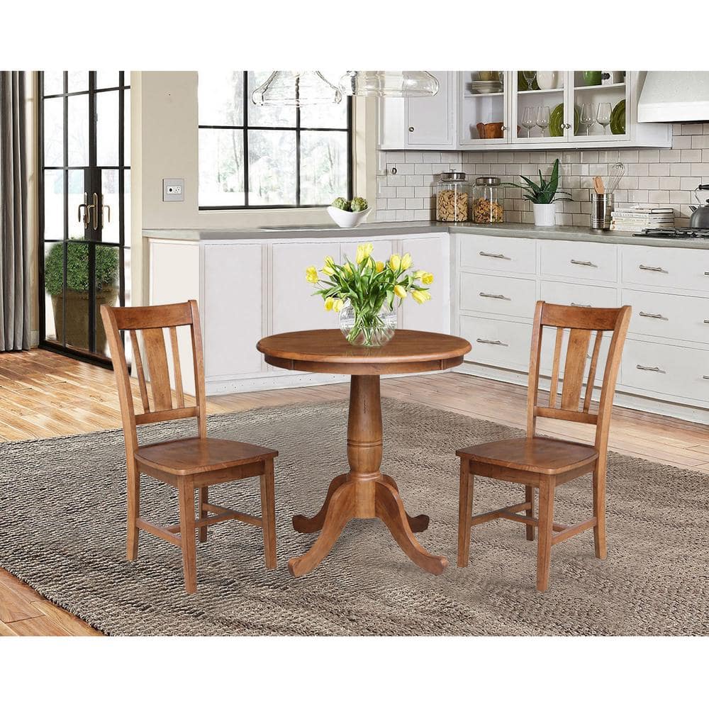 30" Round Distressed Oak Solid Wood Pedestal Dining Table