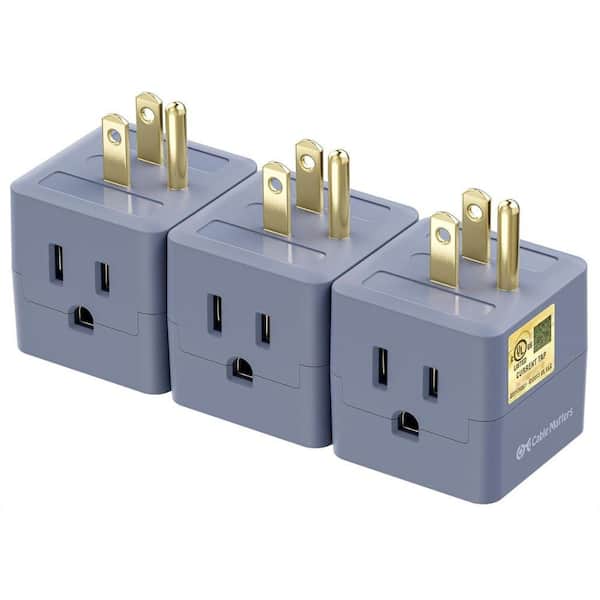 Etokfoks Multi-Plug Grounded 15 Amp Power Cube Tap 3-Outlet Splitter Adapter, Gray (3-Pack)