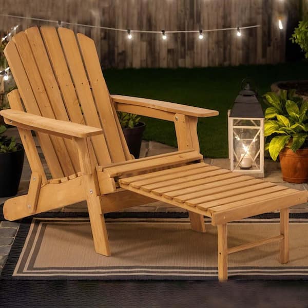 Light Brown Wooden Folding Wood Adirondack Chair with Retractable Ottoman, Patio Chair for Garden Backyard Pool(1-Pack)