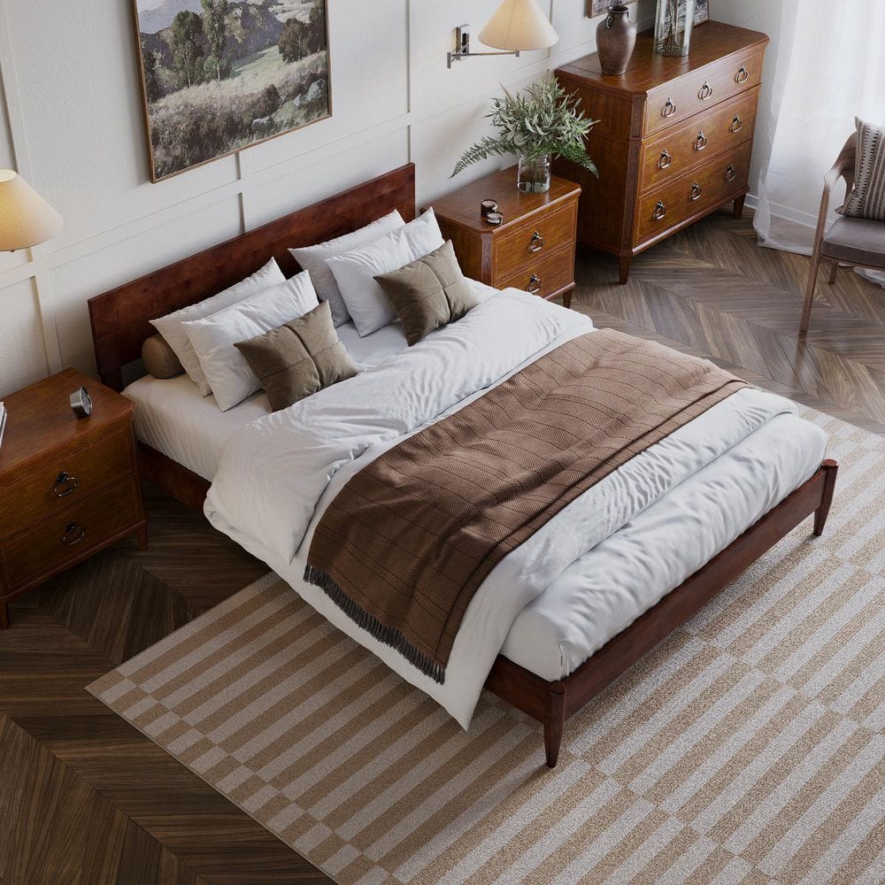 Aria Queen Walnut Wood Low Profile Platform Bed with Headboard