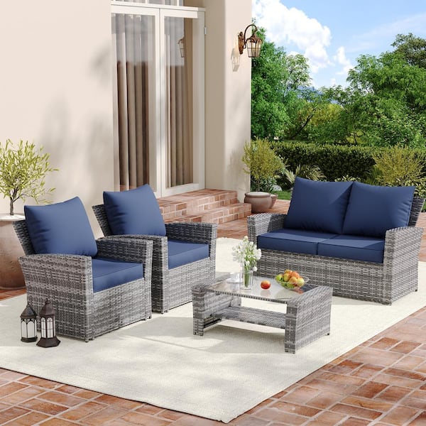 Poteban Outdoor Navy Blue Cushion Set Seat/Back Cushion(Set of 4 Seats, 4-Backs)