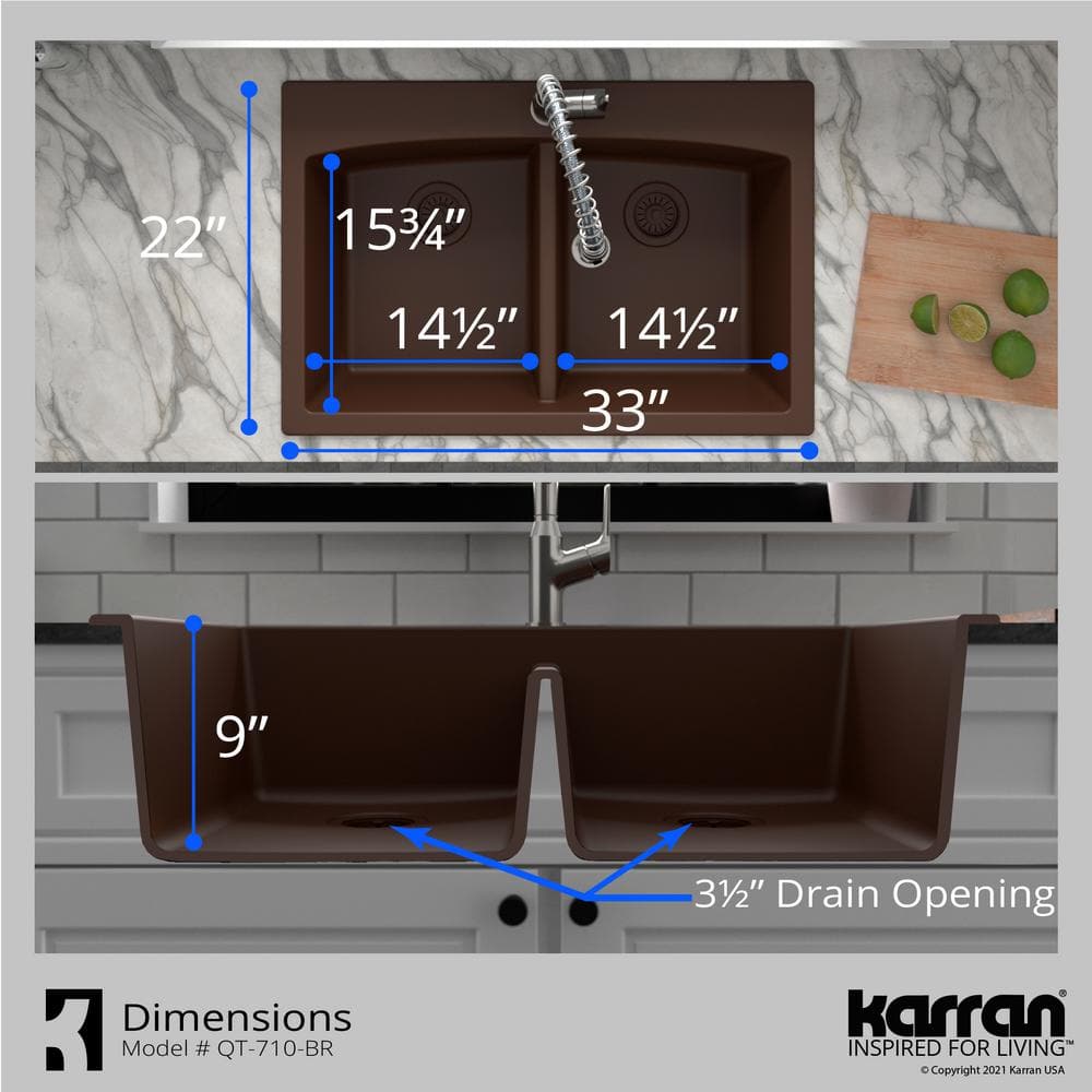 Brown Quartz Double Bowl Kitchen Sink with Curved Rear Walls