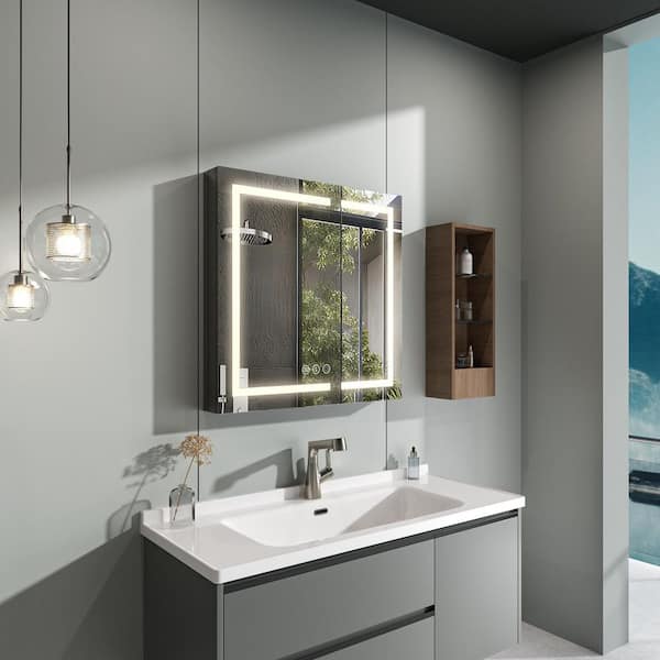 32 in. W x 32 in. H Rectangular Aluminum Recessed/Surface Mount Medicine Cabinet with Mirror in Color Black