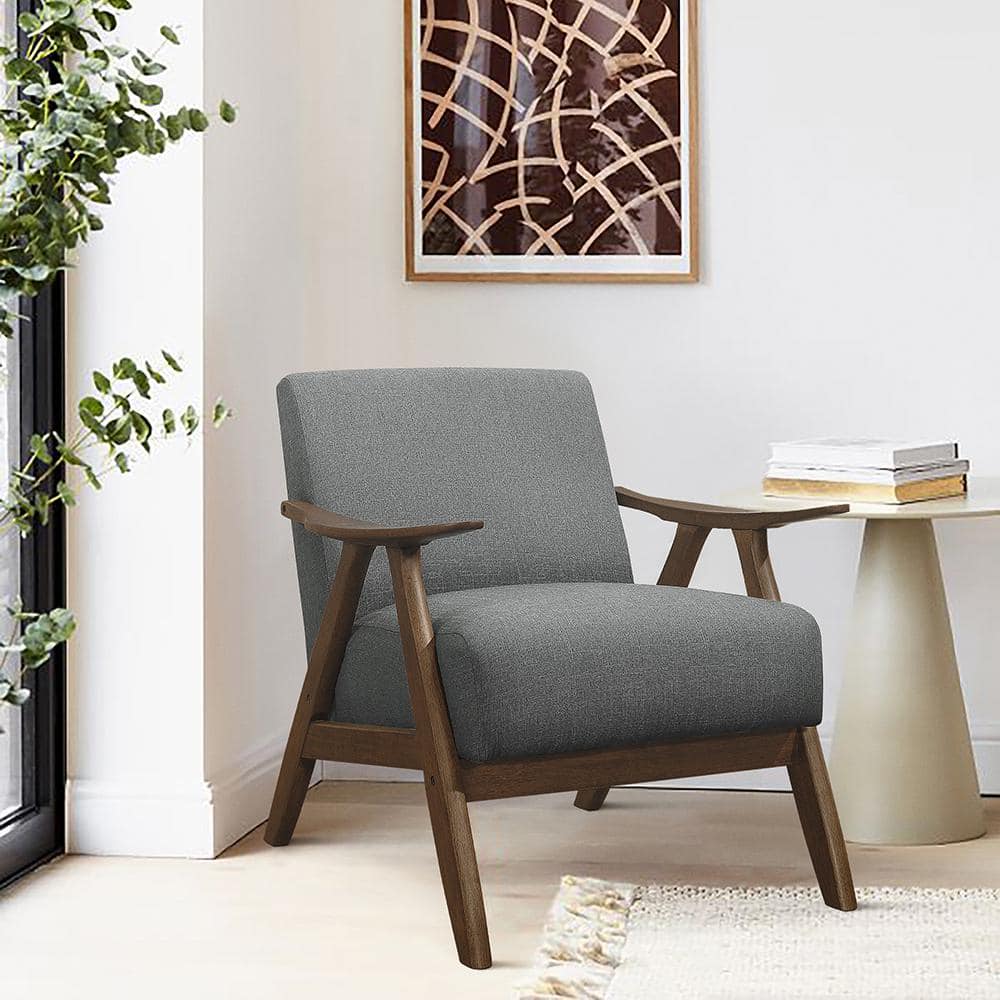 Transitional Gray Fabric Accent Chair with Walnut Wood Frame