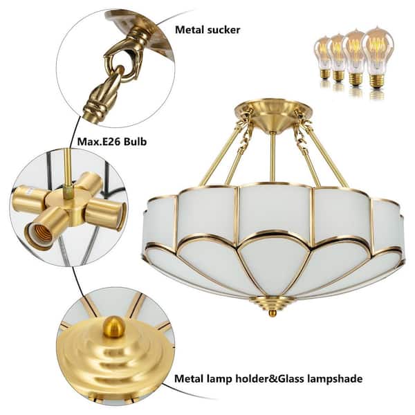OUKANING 17.7 in. 4-Light Gold Vintage Semi-Flush Mount OUKANING 17.7 in. 4-Light Gold Vintage Semi-Flush Mount