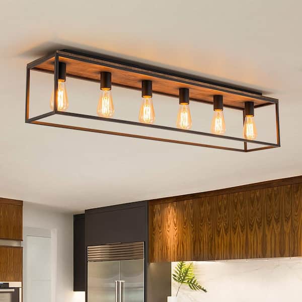Velar 43 in. 6-Light Modern Farmhouse Matte Black Flush Mount Ceiling Light for Living Room Kitchen Island