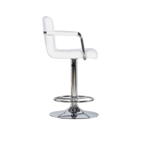 Smith Adjustable 46 in. H White and Chrome Low Back Metal Bar Stool with Faux Leather Seat