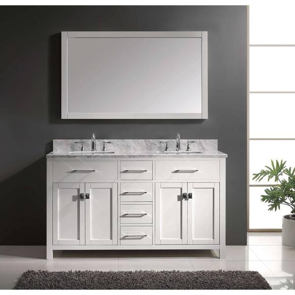 Virtu USA - Caroline 60 in. W Bath Vanity in White with Marble Vanity Top in White with Square Basin and Mirror