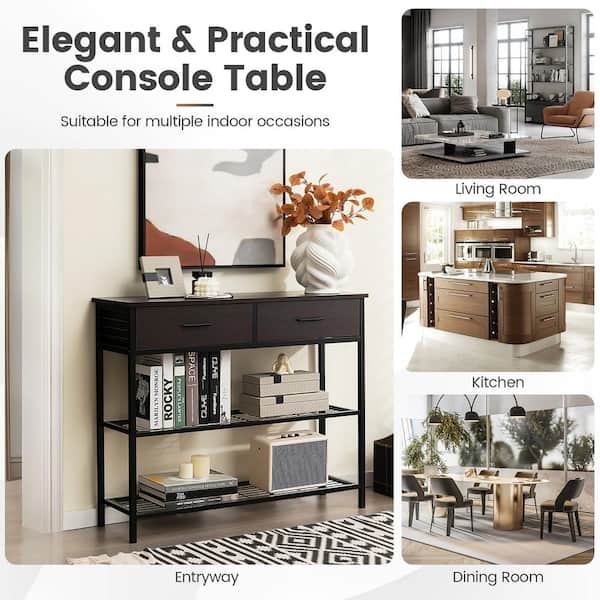 Costway Entryway Table with Charging Station Narrow Console Table with 2  Drawers Brown