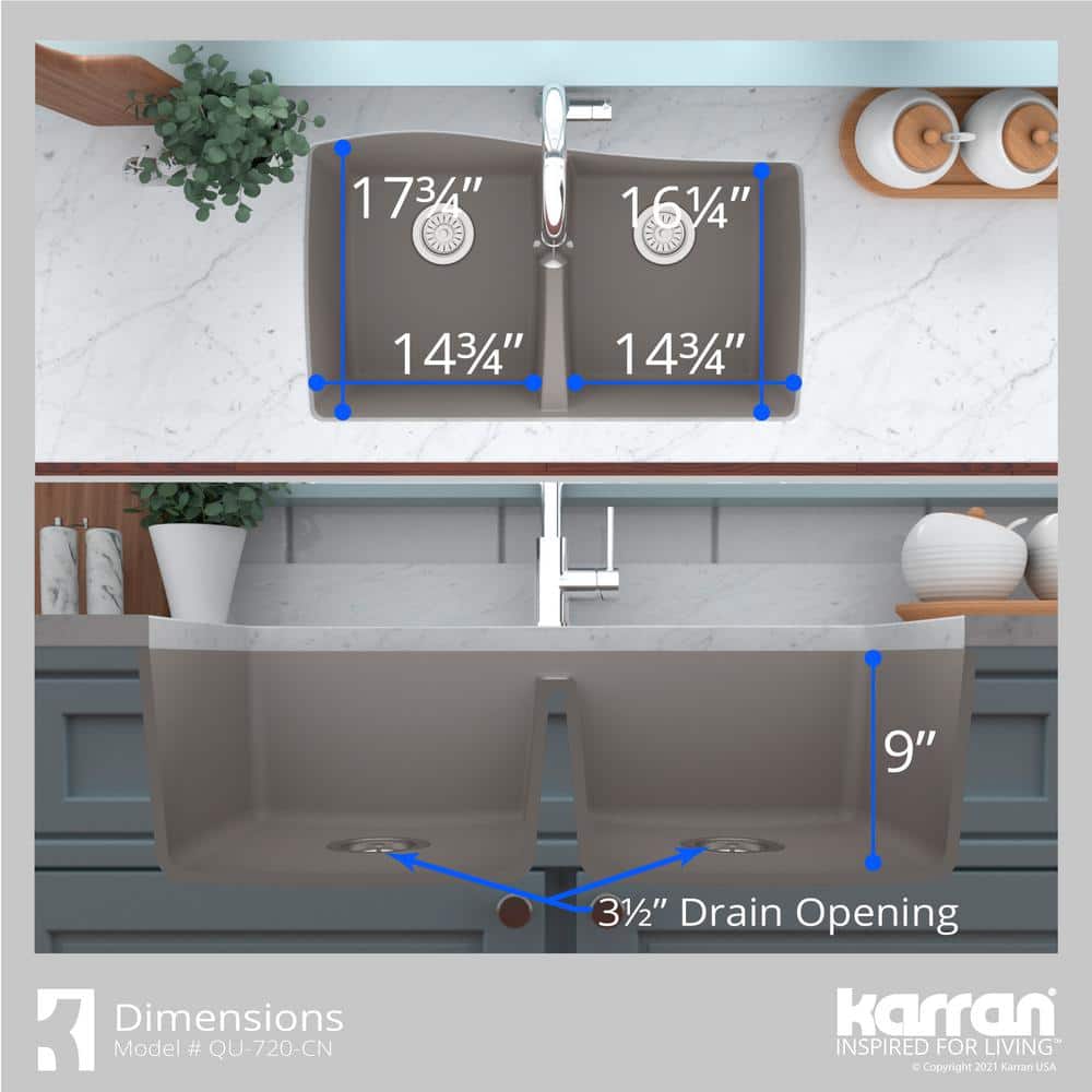 Concrete Gray Double Bowl Farmhouse Quartz Kitchen Sink Kit