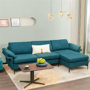 100.5 in. W Square Arm L-Shaped 3-Piece Polyester Sectional Sofa in Blue with Reversible Chaise and 2 USB Ports