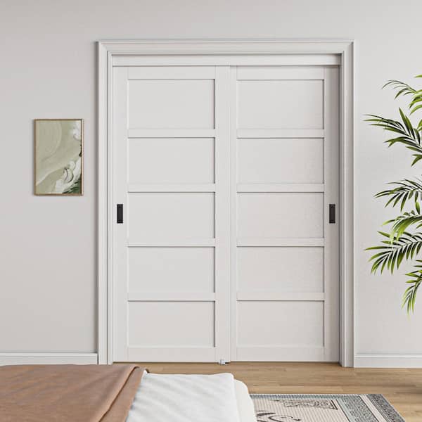 60 in. x 80 in. Paneled 5-Lite Blank Pattern White Primed MDF Require Assemble Sliding Door with Hardware Kit