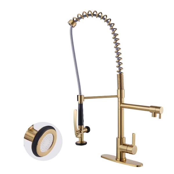 28.7in. Single Handle Brass Pre-Rinse Spring Pull Down Sprayer Kitchen Faucet with 360° Swivel Pot Filler Brushed Gold