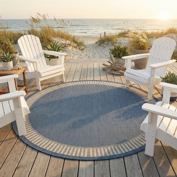 Recife Wicker Stitch Ivory-Blue 8 ft. x 8 ft. Round Indoor/Outdoor Area Rug