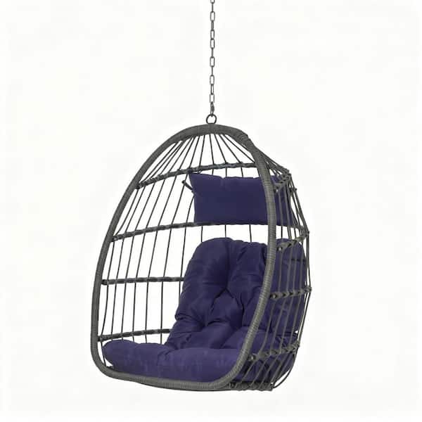Gray Single Person Wicker Patio Swing with Deep Blue Cushions
