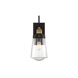 Macauley 5 in. W x 13.5 in. H 1-Light Black/Warm Brass Hardwired Outdoor Wall Lantern Sconce with Clear Glass Shade