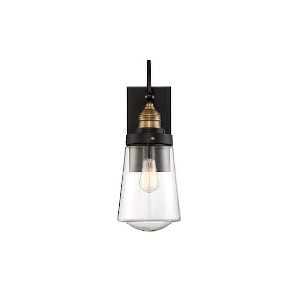 Savoy House Macauley 5 in. W x 13.5 in. H 1-Light Black/Warm Brass Hardwired Outdoor Wall Lantern Sconce with Clear Glass Shade